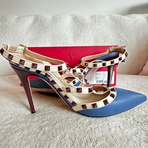 Valentino Garavani Rockstud Ankle Strap Pump in Blue and Burgundy Size 39.5 EU - Picture 11 of 16